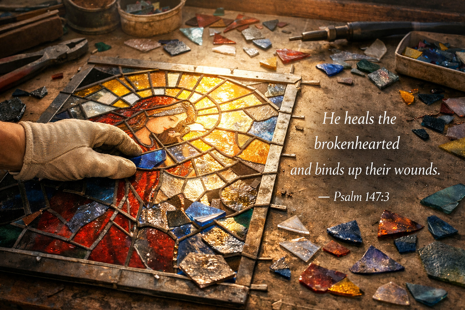 Shattered stained glass window being reassembled on workshop table with light shining through and Psalm 147:3 text